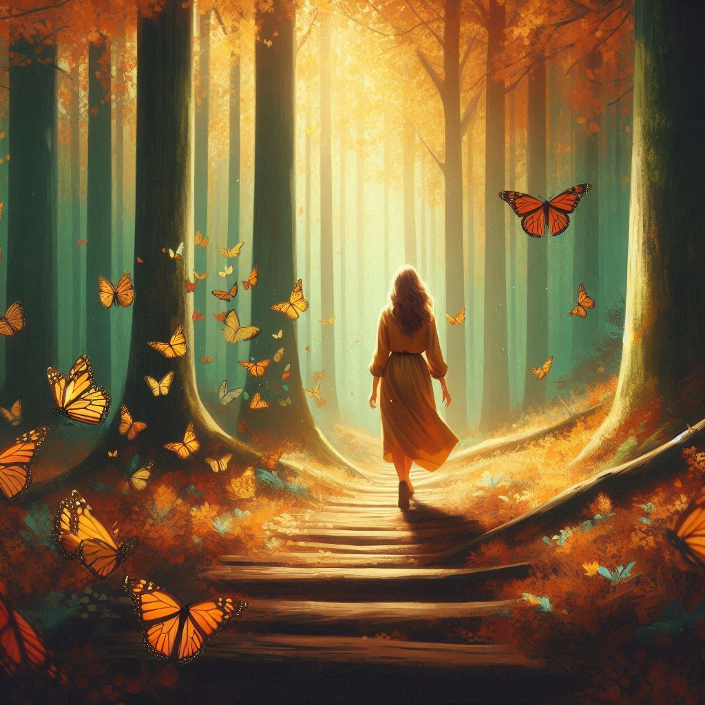 Girl walking in the forest with butterflies
